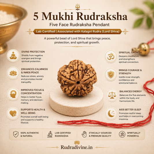 5 Mukhi (Five Face) Rudraksha Pendant featuring a natural Rudraksha bead, associated with Kalagni Rudra (Lord Shiva), with an official Lab Certificate by Rudradivine for meditation, spiritual devotion, and daily wear.