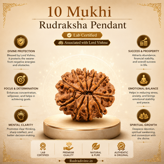 Original 10 Mukhi Rudraksha Ten Face Pendant associated with Lord Vishnu, lab certified natural Rudraksha by Rudra Divine for spiritual protection, meditation, and daily wear.