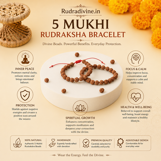 Lab Certified 5 Mukhi Rudraksha Bracelet 8mm crafted from natural Rudraksha beads by Rudra Divine for meditation, daily wear, prayer and spiritual wellness.