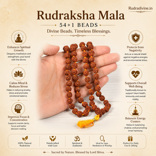 Lab Certified 5 Mukhi Rudraksha Mala 54+1 Beads 8mm crafted from natural Rudraksha beads by Rudra Divine for meditation, mantra chanting and spiritual wellness.