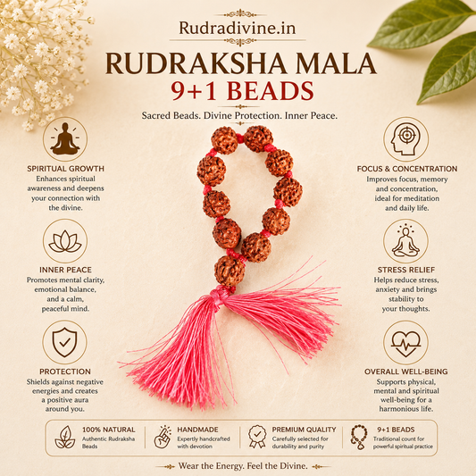 Lab Certified 5 Mukhi Rudraksha Mala 9+1 Beads 8mm crafted from natural Rudraksha beads by Rudra Divine for meditation, mantra chanting and spiritual wellness.