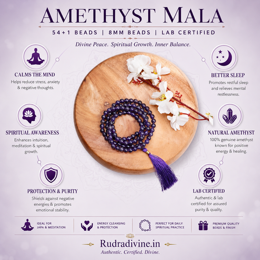 Amethyst Mala 54+1 Beads crafted with natural 8MM amethyst gemstones and official Lab Certificate by Rudra Divine for meditation, spiritual healing and daily chanting.