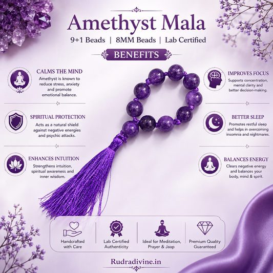Amethyst Mala 9+1 Beads crafted with natural 8MM amethyst gemstones and official Lab Certificate by Rudradivine for meditation, spiritual healing and daily chanting.