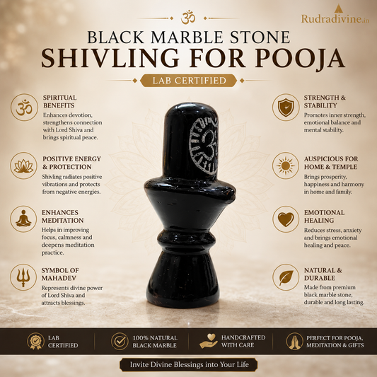 Black Marble Stone Shivling for Pooja | Lab Certified crafted from premium natural black marble with official Lab Certificate by Rudradivine for Lord Shiva worship, Abhishek, meditation and spiritual blessings.