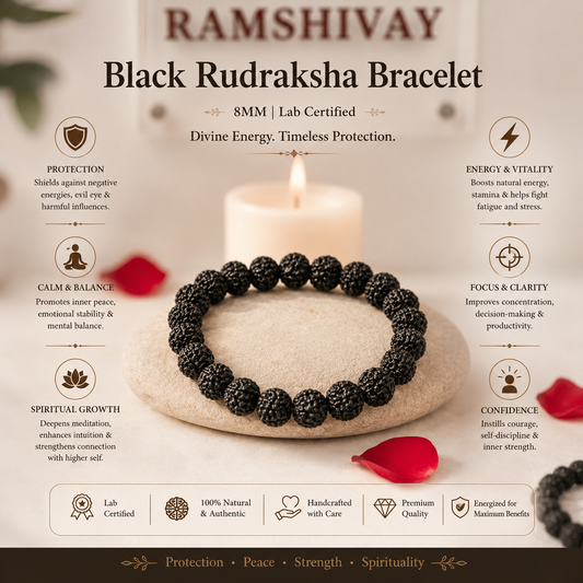 Black Rudraksha Bracelet 8MM crafted with natural Rudraksha beads and official Lab Certificate by Rudradivine for spiritual protection, meditation, inner peace, positivity, and wellness.