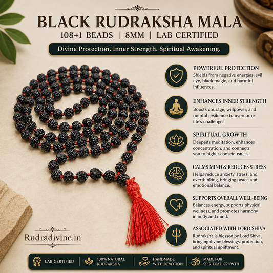 Black Rudraksha Mala 108+1 Beads crafted with natural 8MM Rudraksha beads and official Lab Certificate by Rudradivine for meditation, protection and spiritual wellness.