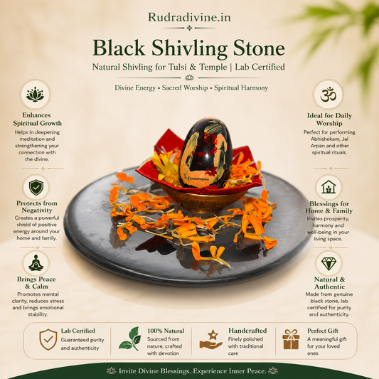 Natural Black Shivling Stone with official Lab Certificate by Rudradivine, ideal for Tulsi plant, home temple, Shiva worship, Abhishek and daily spiritual rituals.