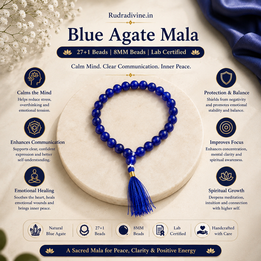 Blue Agate Mala 27+1 Beads crafted with natural 8MM Blue Agate gemstones and official Lab Certificate by Rudradivine for meditation, mantra chanting and spiritual wellness.