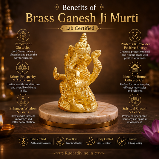 Brass Ganesh Ji Murti crafted from premium brass with official Lab Certificate by Rudradivine for home temple, daily puja, prosperity, wisdom, and spiritual dΓ©cor.