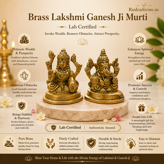 Brass Lakshmi Ganesh Ji Murti crafted from premium brass with official Lab Certificate by Rudradivine for prosperity, success, home temple worship and spiritual dΓ©cor.