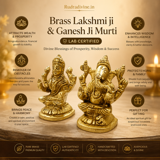 Brass Lakshmi & Ganesh Ji Murti crafted from premium quality brass with official Lab Certificate by Rudradivine for prosperity, wisdom, success and daily worship.