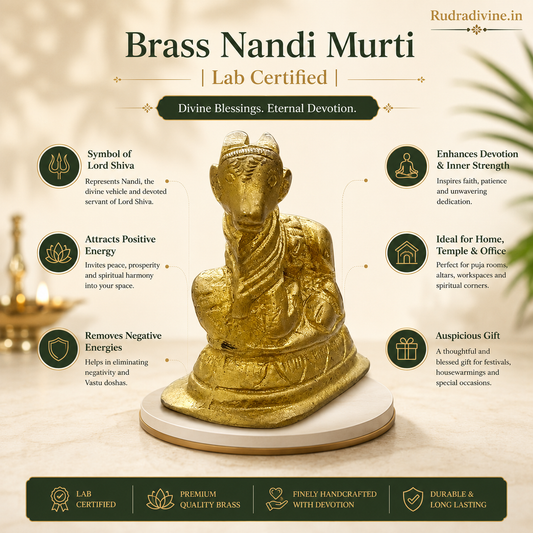 Lab Certified Brass Nandi Murti handcrafted from premium brass by Rudradivine for Lord Shiva worship, Vastu, home temple, and spiritual devotion.