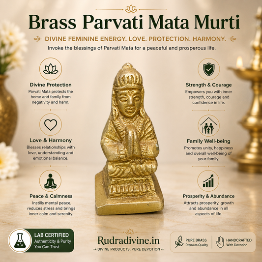Brass Parvati Mata Murti Small with premium brass finish and official Lab Certificate by Rudradivine, ideal for home temple, daily pooja, spiritual dΓ©cor, and devotional worship.