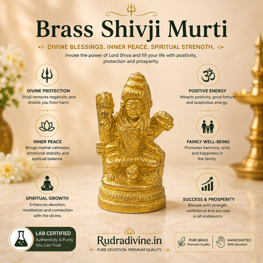 Brass Shivji Murti Small with premium brass finish and official Lab Certificate by Rudradivine, ideal for home temple, daily pooja, spiritual dΓ©cor, and devotional worship.