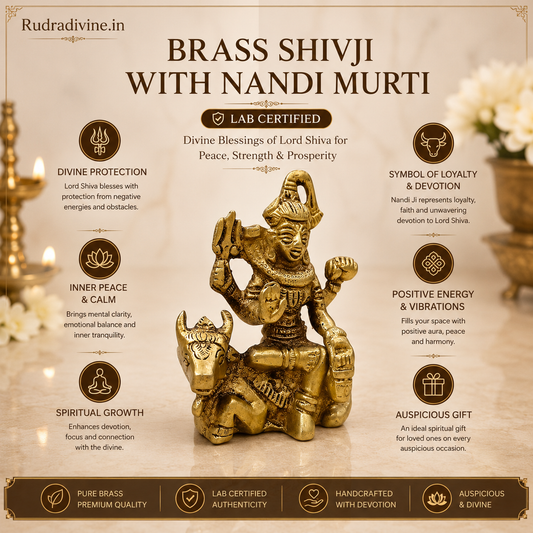 Brass Shivji with Nandi Murti crafted from premium quality brass with official Lab Certificate by Rudradivine for peace, protection, devotion and spiritual blessings.