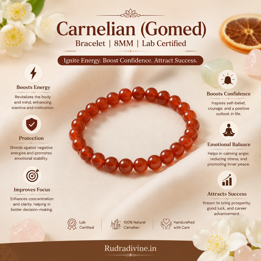 Carnelian (Gomed) Bracelet 8MM crafted with natural Carnelian gemstone beads and official Lab Certificate by Rudradivine for courage, confidence, Rahu balance, positive energy, and spiritual growth.