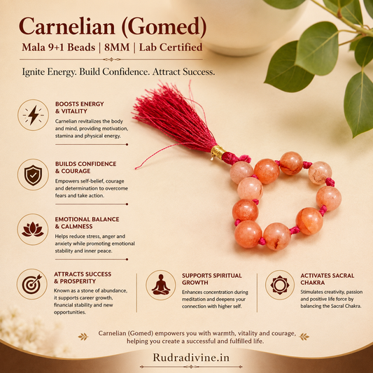 Carnelian (Gomed) Mala 9+1 Beads crafted with natural 8MM Carnelian gemstones and official Lab Certificate by Rudradivine for confidence, meditation and spiritual wellness.