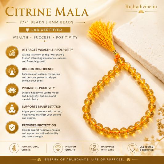 Citrine Mala 27+1 Beads crafted with premium natural 8MM Citrine gemstone beads, official Lab Certificate and Pre-Energized by Rudradivine for meditation, prosperity and spiritual wellness.