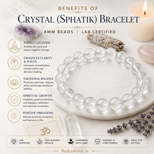 Crystal (Sphatik) Bracelet 8MM crafted from natural crystal quartz with official Lab Certificate by Rudradivine for peace, meditation and positive spiritual energy.