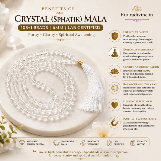 Crystal (Sphatik) Mala 108+1 Beads 6MM crafted from natural crystal quartz with official Lab Certificate by Rudradivine for meditation, peace and spiritual wellness.