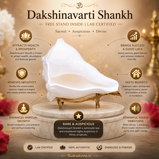 Original Dakshinavarti Shankh with free display stand and official Lab Certificate by Rudradivine, sacred conch for Lakshmi worship, Vastu, prosperity and daily spiritual rituals.