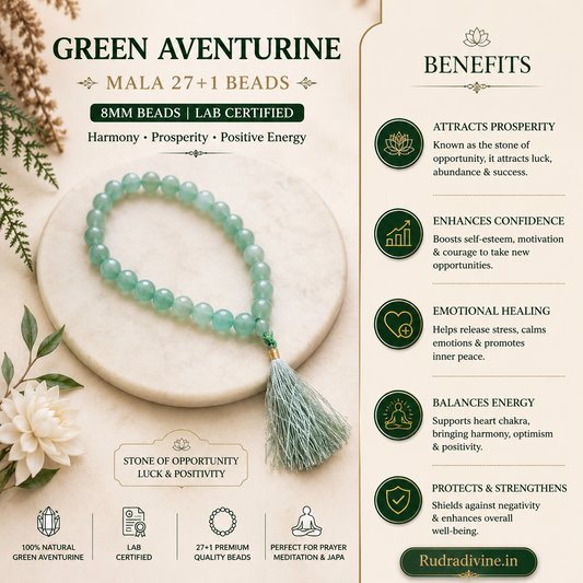 Green Aventurine Mala 27+1 Beads crafted with natural 8MM Green Aventurine gemstones and official Lab Certificate by Rudradivine for prosperity, emotional healing and spiritual wellness.