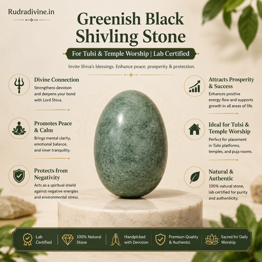 Greenish Black Shivling Stone crafted from natural stone with official Lab Certificate by Rudradivine for Tulsi, temple worship, daily Shiva puja and sacred rituals.