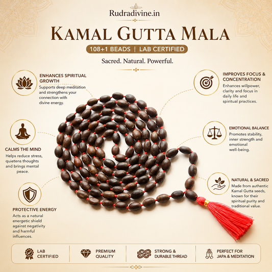Kamal Gutta Mala 108+1 Beads crafted with natural lotus seeds and official Lab Certificate by Rudradivine for prosperity, Lakshmi worship and spiritual meditation.