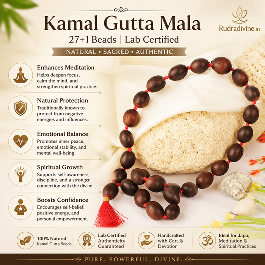 Kamal Gutta Mala 27+1 Beads crafted with natural lotus seeds and official Lab Certificate by Rudradivine for prosperity, Lakshmi worship and spiritual meditation.