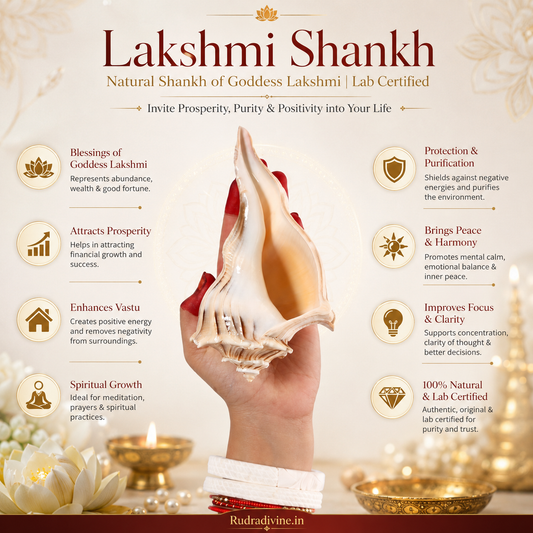 Natural Lakshmi Shankh of Goddess Lakshmi with official Lab Certificate by Rudradivine for wealth, prosperity, Vastu harmony, positive energy, and daily puja rituals.