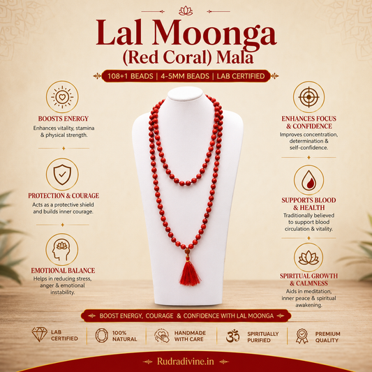 Lal Moonga (Red Coral) Mala 108+1 Beads with natural 4-5MM gemstone beads and official Lab Certificate by Rudradivine for Mars energy and spiritual meditation.