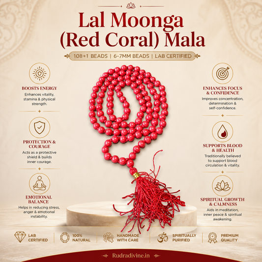 Lal Moonga (Red Coral) Mala 108+1 Beads with natural 6-7MM gemstone beads and official Lab Certificate by Rudradivine for meditation, Jaap and spiritual practices.