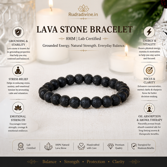 Lava Stone Bracelet 8MM crafted with natural volcanic Lava Stone beads and official Lab Certificate by Rudradivine for grounding, strength, emotional balance, meditation, and spiritual wellness.