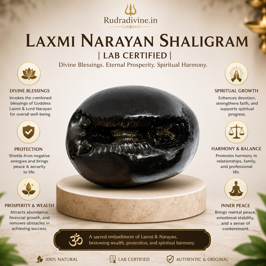 Natural Laxmi Narayan Shaligram sacred stone with official Lab Certificate by Rudradivine for Lord Vishnu and Goddess Lakshmi worship, prosperity and spiritual blessings.