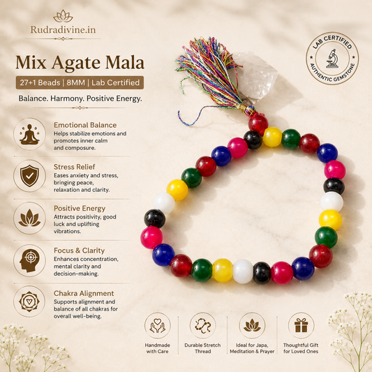 Mix Agate Mala 27+1 Beads 8MM crafted with natural Mix Agate gemstones and official Lab Certificate by Rudradivine for protection, emotional balance, meditation, and spiritual wellness.