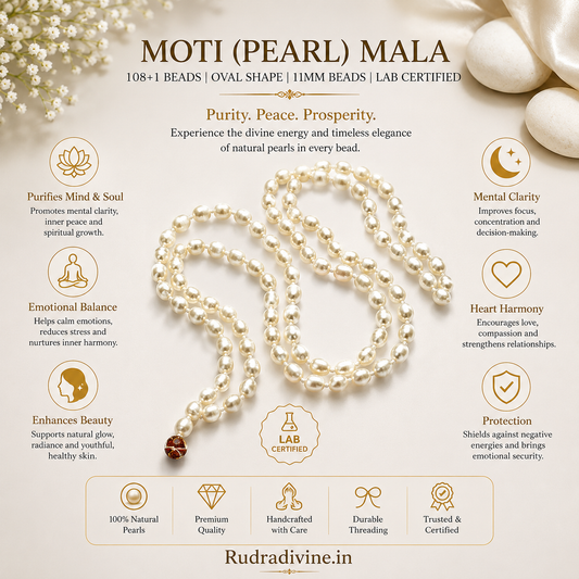 Moti (Pearl) Mala 108+1 Beads Oval Shape 11MM crafted with premium pearl beads and official Lab Certificate by Rudradivine for meditation and spiritual wellness.