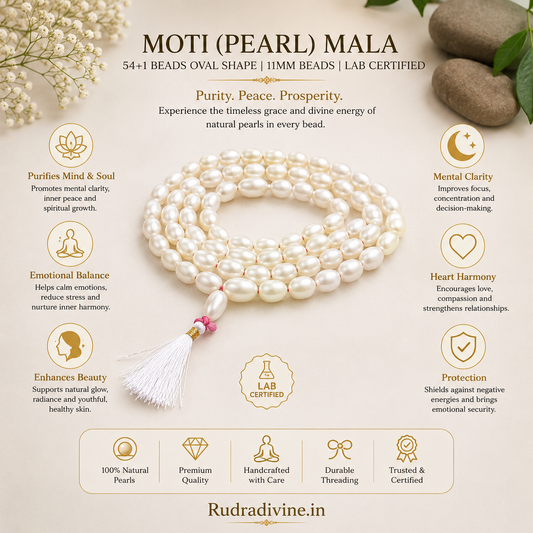 Moti (Pearl) Mala 54+1 Beads Oval Shape 11MM crafted with premium pearl beads and official Lab Certificate by Rudradivine for meditation and spiritual wellness.