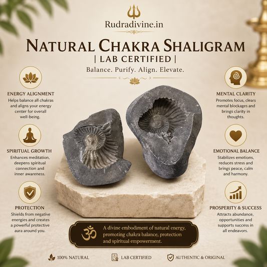 Original Natural Chakra Shaligram with official Lab Certificate by Rudradivine, genuine sacred Vishnu Shaligram stone featuring natural chakra markings for puja, meditation and spiritual worship.
