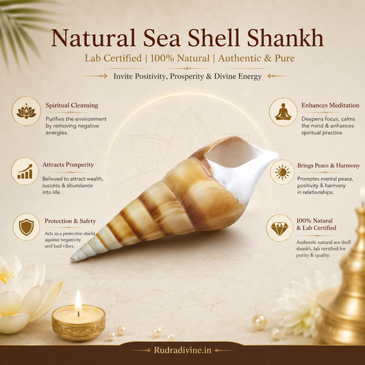 Natural Sea Shell Shankh with official Lab Certificate by Rudradivine, genuine sacred conch for Hindu puja, Vastu, meditation, temple rituals and daily spiritual worship.