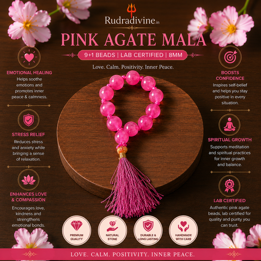 Pink Agate Mala 9+1 Beads crafted with natural 8MM Pink Agate gemstones and official Lab Certificate by Rudra Divine for meditation, prayer, positive energy and spiritual wellness.