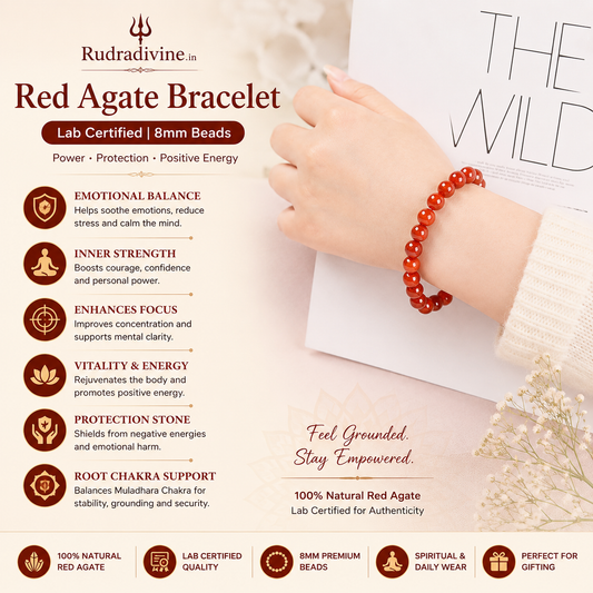 Lab Certified Red Agate Bracelet 8mm handcrafted with natural Red Agate gemstone beads by Rudra Divine for confidence, meditation and spiritual wellness.