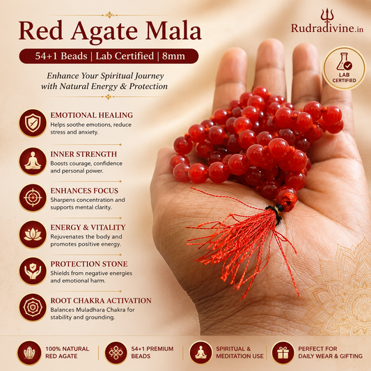 Lab Certified Red Agate Mala 54+1 Beads 8mm crafted from natural Red Agate gemstones by Rudra Divine for meditation, mantra chanting and spiritual wellness.