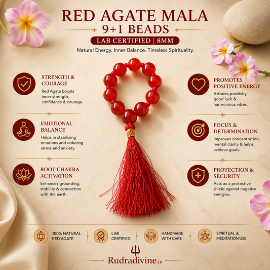 Red Agate Mala 9+1 Beads crafted with natural Red Agate gemstones and official Lab Certificate by Rudra Divine for meditation, healing, protection and positive energy.