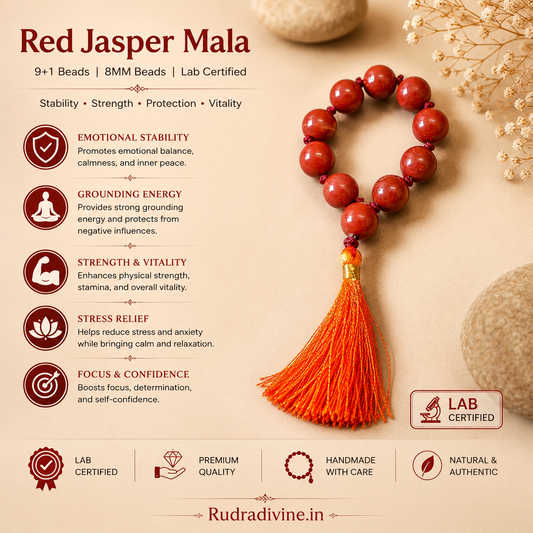Red Jasper Mala 9+1 Beads 8MM crafted from natural gemstone with official Lab Certificate by Rudradivine for grounding, courage, meditation and spiritual healing.