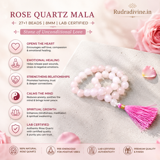 Rose Quartz Mala 27+1 Beads 8MM crafted with natural Rose Quartz gemstones and official Lab Certificate by Rudradivine for emotional healing, love, meditation, and spiritual wellness.