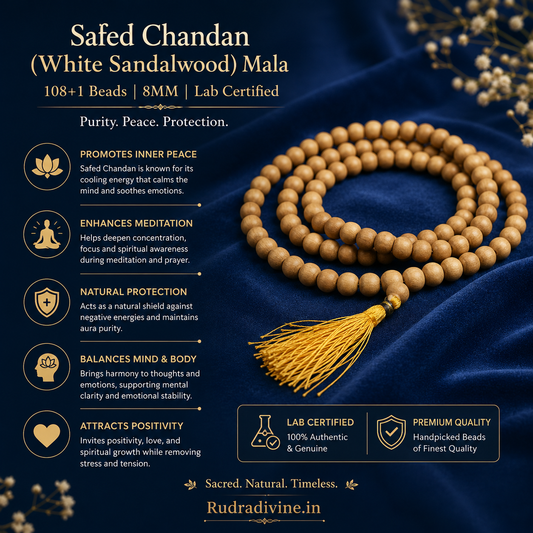Safed Chandan (White Sandalwood) Mala 108+1 Beads crafted from natural White Sandalwood with 8MM beads and official Lab Certificate by Rudradivine for meditation, mantra chanting and spiritual wellness.