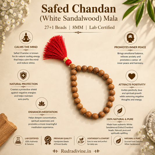 Safed Chandan (White Sandalwood) Mala 27+1 Beads 8MM crafted from natural white sandalwood with official Lab Certificate by Rudradivine for meditation, mantra chanting and daily spiritual practice.