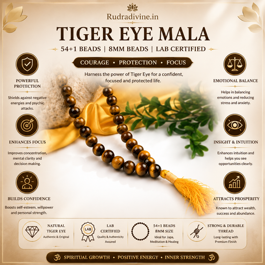 Tiger Eye Mala 54+1 Beads crafted with natural 8MM Tiger Eye gemstones and official Lab Certificate by Rudradivine for confidence, protection, prosperity, meditation, and spiritual wellness.