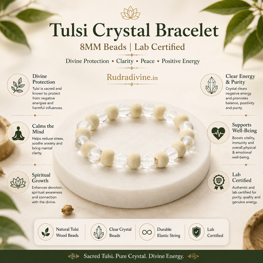 Tulsi Crystal Bracelet with natural Tulsi wood and crystal 8MM beads, officially Lab Certified by Rudradivine for meditation, positivity and spiritual wellness.