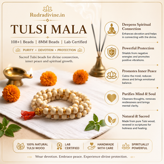 Tulsi Mala 108+1 Beads crafted with natural 8MM Tulsi wood beads and official Lab Certificate by Rudradivine for mantra chanting, meditation and spiritual devotion.
